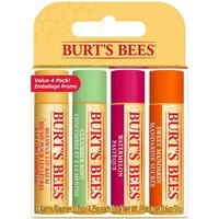 Burt's Bees Lip Balm 4 Pack with colorful tubes in pink, green, red, and orange packaging, labeled "Freshly Picked."