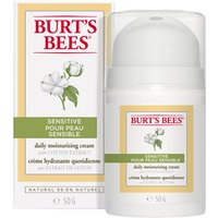 Burt's Bees Sensitive Daily Moisturising Cream 50g, white pump bottle with green accents and cotton flower graphic.