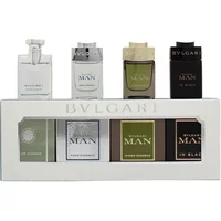 Bvlgari men's fragrance set with four mini bottles in varying colors, displayed in a sleek white box.
