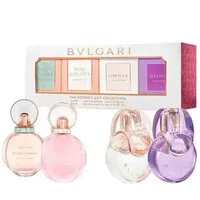 Bvlgari Women's Gift Collection with four miniature perfumes in pastel-colored bottles, packaged in a white box.