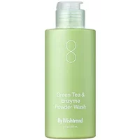 Green bottle of By Wishtrend Green Tea & Enzyme Powder Wash with white pump and minimalistic design.