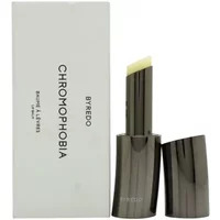Byredo Chromophobia Lip Balm 2.5g, sleek metallic tube, angled balm tip, white packaging with black text.