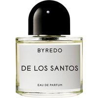 Clear glass bottle with black cap, labeled "Byredo De Los Santos Eau de Parfum," containing 50 ml unisex musk perfume.