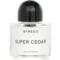 Clear glass bottle of Byredo Super Cedar Eau De Parfum, black cap, minimalist white label with bold black text.