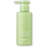 Light green pump bottle of ByWishtrend Green Tea & Enzyme Milky Foaming Wash, 140ml, with white text and minimalist design.