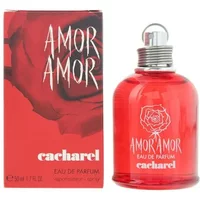 Red Cacharel Amor Amor Eau De Parfum 50ml bottle with silver cap, rose design, and matching red box.