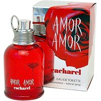 Red Cacharel Amor Amor Eau de Toilette 50ml bottle with silver cap, rose design, and matching box.