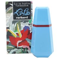 Blue geometric Cacharel Lou Lou perfume bottle with red band, next to floral-patterned box, 30ml spray.