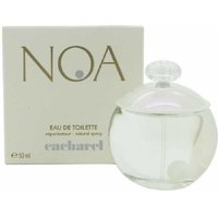 Cacharel Noa Eau de Toilette 50ml, clear round bottle with pearl-like cap, beige box with bold NOA text.