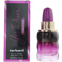 Cacharel Yes I Am Fabulous Eau De Parfum 30ml, purple gradient bottle with gold band, next to matching box.