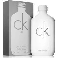 White Calvin Klein CK All Eau De Toilette bottle with gray lettering, next to matching gray and white box.