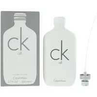 White Calvin Klein CK All Eau De Toilette 200ml bottle with gray box and spray nozzle attachment.