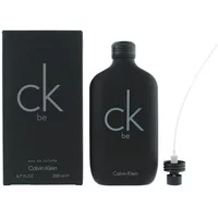 Black Calvin Klein CK Be Eau De Toilette 200ml bottle with matching box, minimalist design, and spray nozzle.
