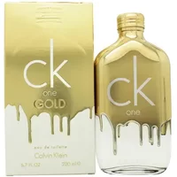 Calvin Klein CK One Gold Eau De Toilette 200ml, gold bottle with white drip design and matching box.