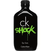 Black Calvin Klein CK One Shock For Him bottle, white logo, green "Shock" text, 200ml size.