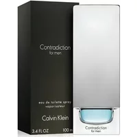 Calvin Klein Contradiction For Men 100ml, sleek silver bottle with transparent base, next to black packaging box.