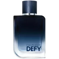 Calvin Klein Defy Eau De Parfum 100ml, sleek rectangular bottle with gradient blue design and dark blue cap.