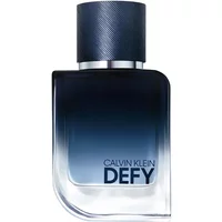 Calvin Klein Defy Eau De Parfum 50ml, sleek rectangular bottle with gradient blue to clear design, dark textured cap.
