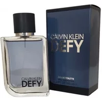 Clear glass bottle with black cap, blue liquid, and "Calvin Klein Defy" label, next to blue box packaging.