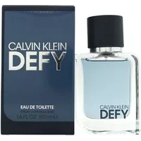 Calvin Klein Defy Eau De Toilette 50ml, clear glass bottle with black cap, blue box packaging.