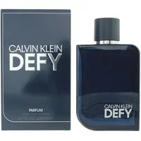 Calvin Klein Defy Parfum 200ml, dark blue rectangular bottle with black cap, matching box with silver lettering.
