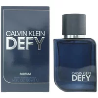 Calvin Klein Defy Parfum 50ml, sleek dark blue bottle with black cap, silver logo and matching box.