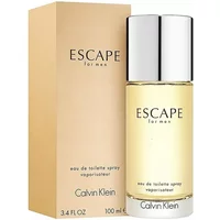 Calvin Klein Escape For Men Eau De Toilette 100ml, clear bottle with silver cap, beige box packaging.