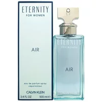Calvin Klein Eternity Air for Women 100ml, clear blue glass bottle with silver cap, next to matching box.