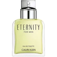 Clear glass bottle of Calvin Klein Eternity for Men Eau De Toilette with silver cap, 100ml.
