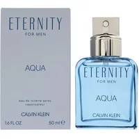 Blue glass bottle of Calvin Klein Eternity For Men Aqua Eau De Toilette, 50ml, with silver cap and matching box.