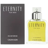 Clear glass bottle with silver cap, yellow liquid, next to black box labeled "Eternity For Men Eau De Parfum Calvin Klein".