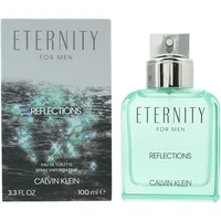 Calvin Klein Eternity For Men Reflections 100ml, clear aqua bottle with silver cap, box with ocean design.