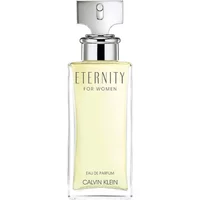 Clear glass bottle of Calvin Klein Eternity For Women Eau De Parfum, silver cap, 50ml, light yellow liquid.