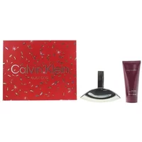 Calvin Klein Euphoria gift set with curved perfume bottle and maroon body lotion tube in red confetti box.