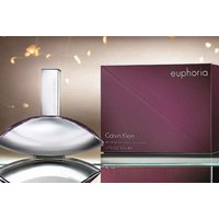 Calvin Klein Euphoria Ladies EDP 50ml, sleek silver bottle with purple box, festive background.