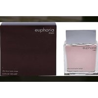 Calvin Klein Euphoria Men aftershave, 100ml, clear square bottle with silver cap, dark brown box packaging.