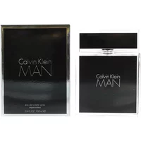 Calvin Klein MAN Eau De Toilette 100ml, sleek black rectangular bottle with silver accents and matching box.