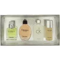 Calvin Klein gift set with four 15ml EDT bottles: Eternity, Obsession, CK One, and Escape in a clear display box.