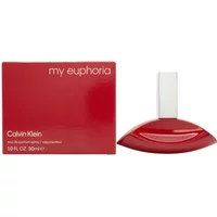 Calvin Klein My Euphoria Eau De Parfum 100ml, red curved bottle with silver cap, next to matching red box.