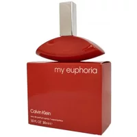 Red Calvin Klein My Euphoria Eau De Parfum bottle with silver cap, next to matching red box, 30ml size.