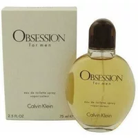 Calvin Klein Obsession Eau De Toilette 75ml, amber liquid in oval bottle with dark brown cap, next to cream box.