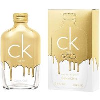 Calvin Klein One Gold 100ml Eau de Toilette, clear bottle with gold drip design and matching gold box.