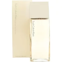 Calvin Klein Truth Eau De Parfum 100ml, tall rectangular glass bottle with beige cap, matching box behind.