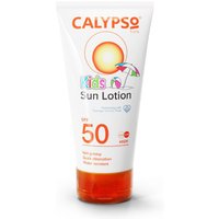 Calypso Kids Sun Lotion SPF50, white tube with orange cap, colorful logo, sun and umbrella graphics.