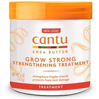Cantu Grow Strong Strengthening Treatment in a white jar with orange lid, featuring bold orange and brown text.
