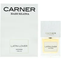 Carner Barcelona Latin Lover Eau De Parfum 100ml, clear square bottle with white cap, white box with black text.