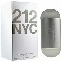Silver Carolina Herrera 212 Eau De Toilette 60ml bottle with frosted ends, next to a white box with bold 212 NYC text.
