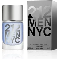 Carolina Herrera 212 Men NYC Eau De Toilette 100ml, sleek silver bottle with bold black text, matching silver box.