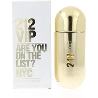 Gold capsule-shaped Carolina Herrera 212 VIP Eau De Parfum bottle next to white box with bold gold text.