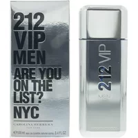 Silver Carolina Herrera 212 VIP Men Eau De Toilette bottle with bold text, next to matching silver box.